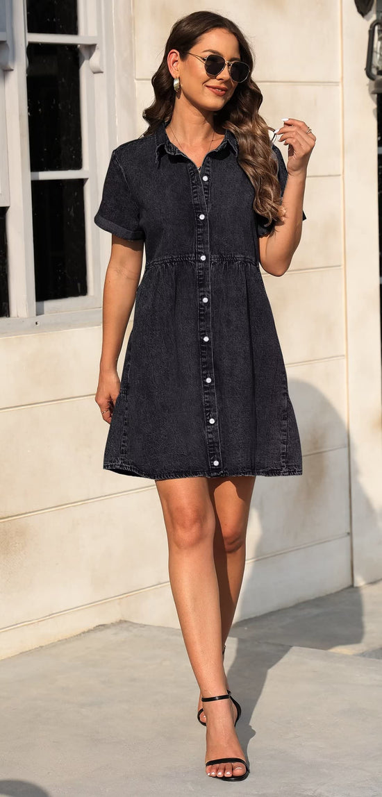 KDF denim dress with pockets - short sleeve babydoll style