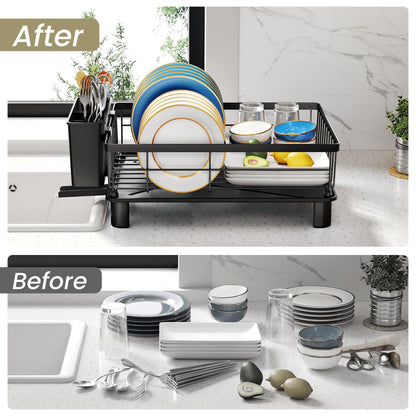 SNTD drying rack — small stainless steel dish drainer with utensil holder and drainboard