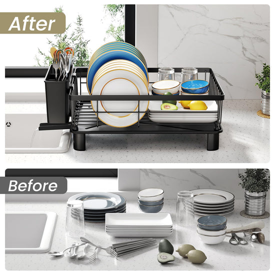 SNTD drying rack — small stainless steel dish drainer with utensil holder and drainboard