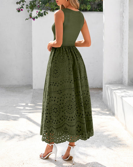 Dowerme dress — Casual sleeveless A-line maxi with pockets and lace eyelet detail.