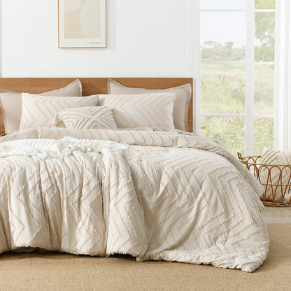 Litanika Boho Chevron Tufted Bedding Comforter Set, 3 Pieces Farmhouse Shabby Chic Textured Bed Set