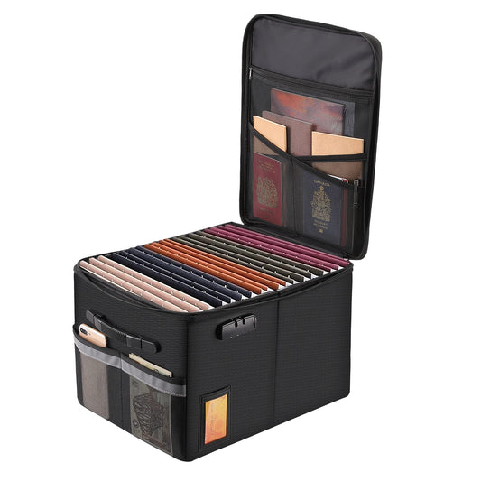 TOMKID storage box — fireproof design with lock and handle for documents and files