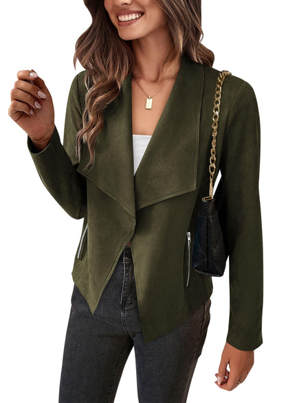 PRETTYGARDEN faux suede cropped coat with open front design