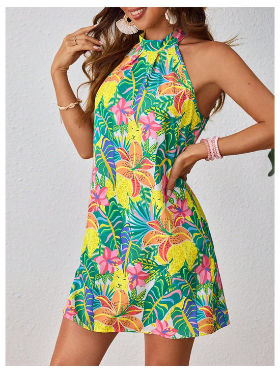 Floerns dress — sleeveless floral print halter neck A line short style