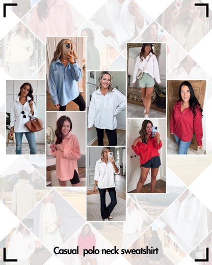 Shirt — Women's casual oversized polo neck sweatshirt with long sleeves and buttons