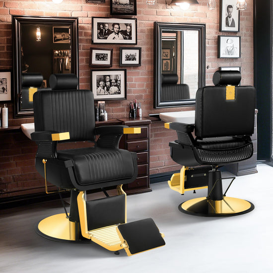 Hicomony Vintage Barber Chairs for Barbershop Reclining, Black Gold Professional Hydraulic Salon Chair for Hair Stylist, 360 Degrees Rolling Swivel, Heavy Duty All Purpose Beauty Tattoo Armchair