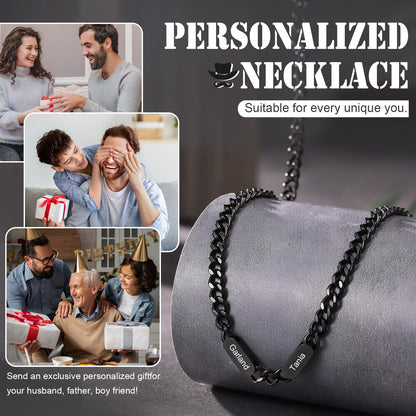 GLOMGORGE Personalized Mens Necklace with 1-6 Names Dad Necklace for Men, Cube Stainless Steel Necklace Cuban Chain Engraving Hypoallergenic Men Jewelry Fathers Day Gift for Dad Husband Grandpa BF