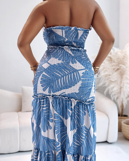 CHICME floral printed vacation dress - halter tie ruched bandeau style