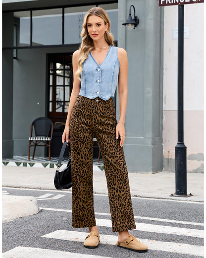 PANTS — Trendy high waisted cheetah print wide leg jeans by LookbookStore