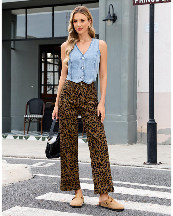 PANTS — Trendy high waisted cheetah print wide leg jeans by LookbookStore