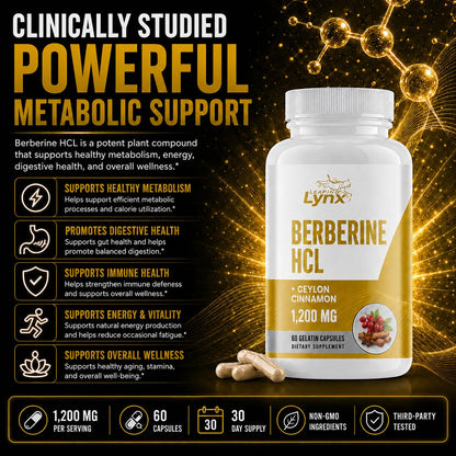 Leaping Lynx Berberine HCl 1200mg - 60 Capsules - High Absorption Berberine Supplement - Non-GMO, Gluten-Free & Third Party Tested - 30-Day Supply