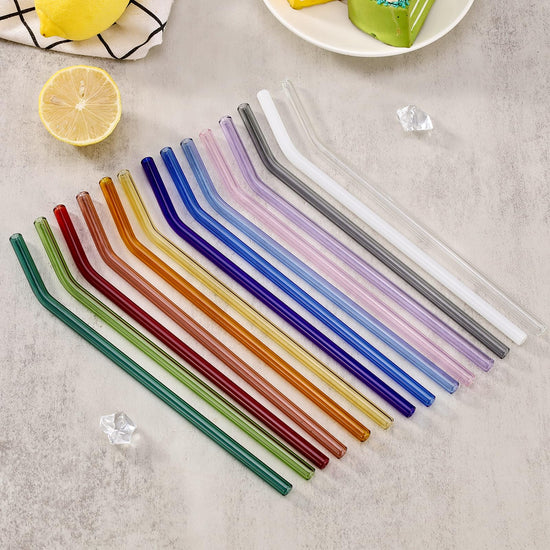 Drinking straw — 14 reusable colorful glass straws with cleaner brushes