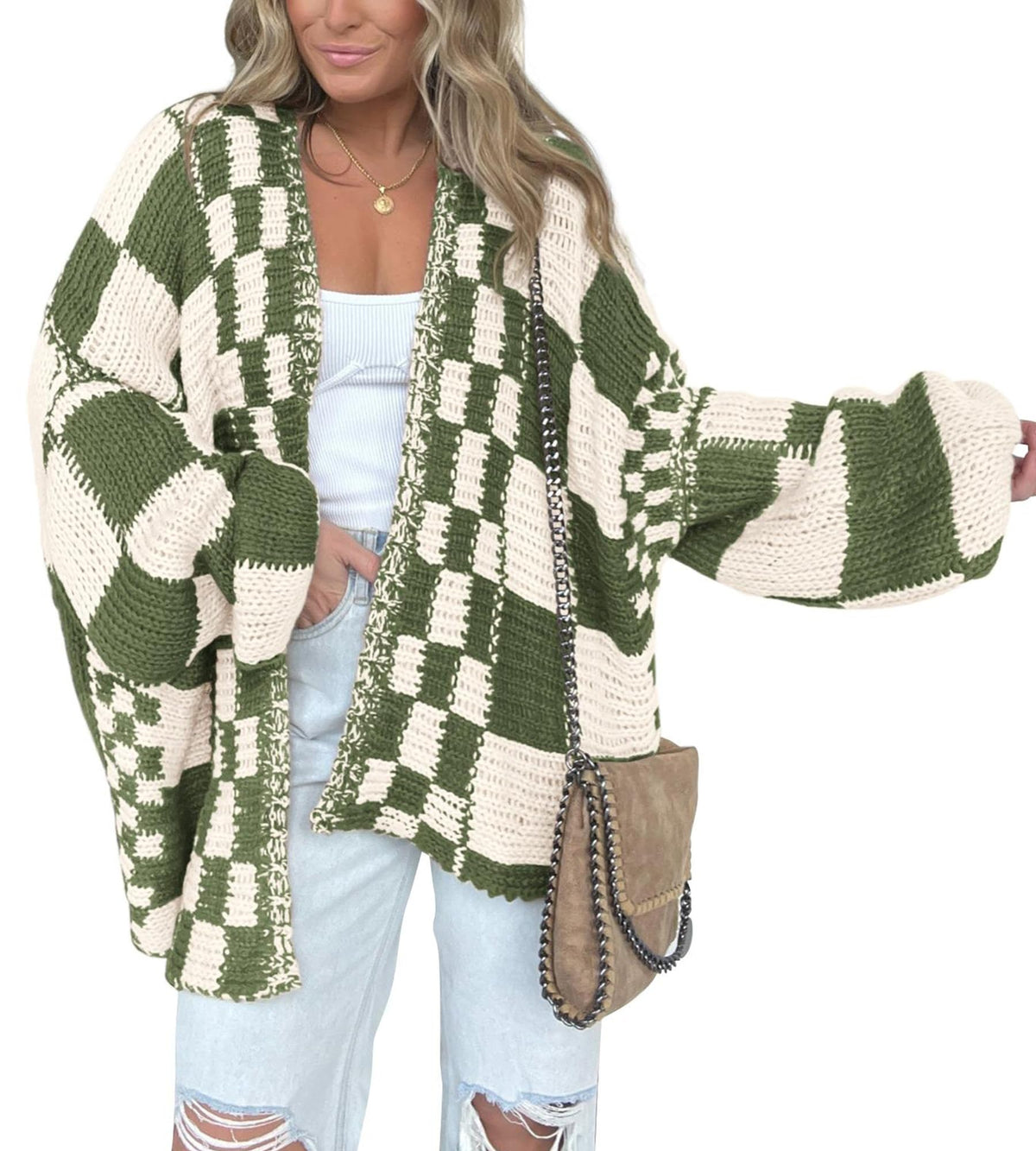 BTFBM sweater — Casual checkered cardigan with chunky knit design