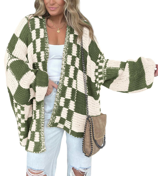 BTFBM sweater — Casual checkered cardigan with chunky knit design