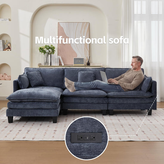 Opiesit Modular Sectional Sofa with Movable Ottoman, 110" 4-Seat Modern Couches for Living Room, Comfy L Shaped Couch Set with Deep Seat for Office and Apartment, Blue Chenille Fabric