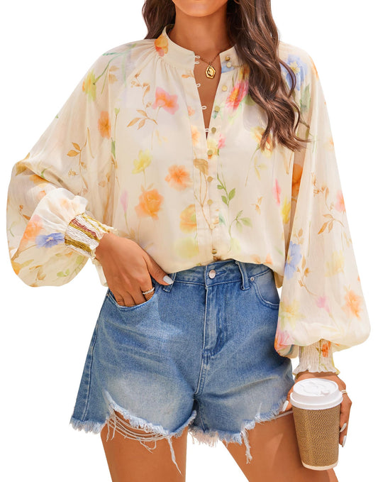 Shirt — Floral print long sleeve button down blouse by ZESICA