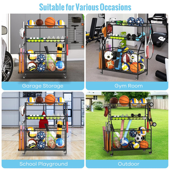 Sports equipment storage rack — heavy duty design with rolling cart and hooks