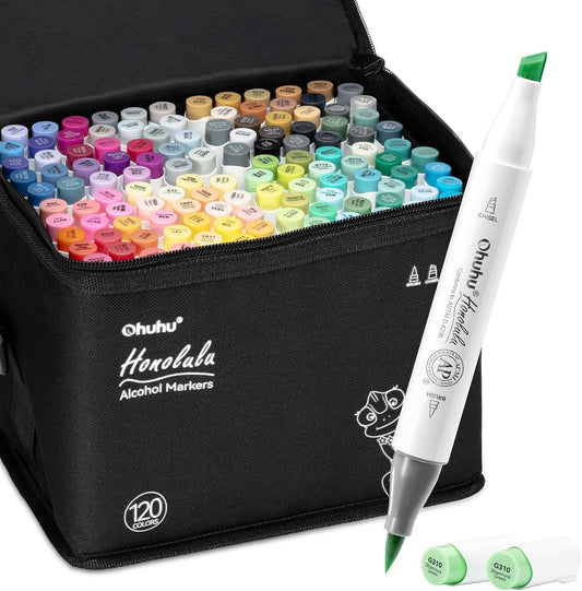Ohuhu marking pen — double tipped with refillable alcohol-based ink, 120 colors