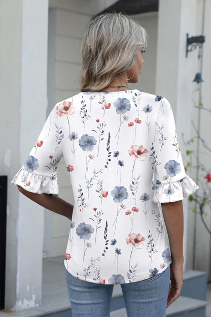 Zeagoo shirt — Casual v neck floral blouse with ruffle tunics 3/4 sleeve