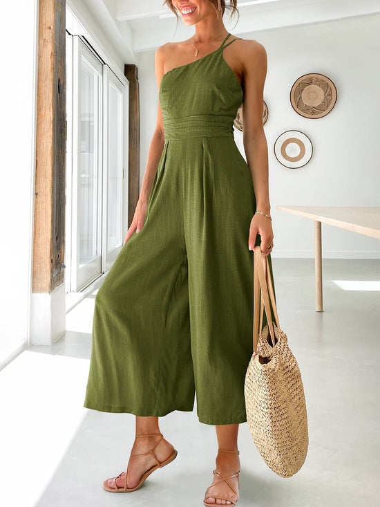 ANRABESS one shoulder high waist linen jumpsuit romper for beach travel outfits
