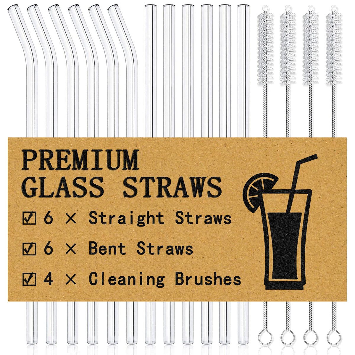 Piteno® glass straws set with cleaning brushes, 12 pieces, straight and bent styles, reusable