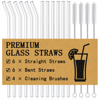 Piteno® glass straws set with cleaning brushes, 12 pieces, straight and bent styles, reusable