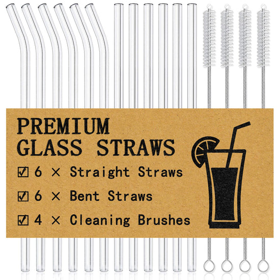 Piteno® glass straws set with cleaning brushes, 12 pieces, straight and bent styles, reusable