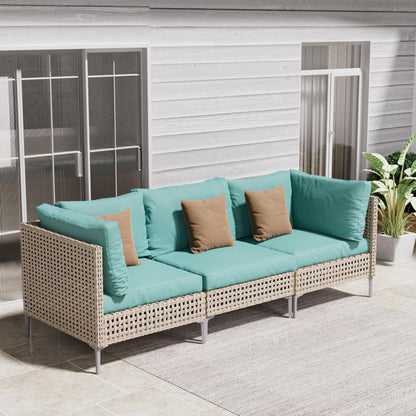 Grand patio wicker sectional sofa with beige cushions and coffee table