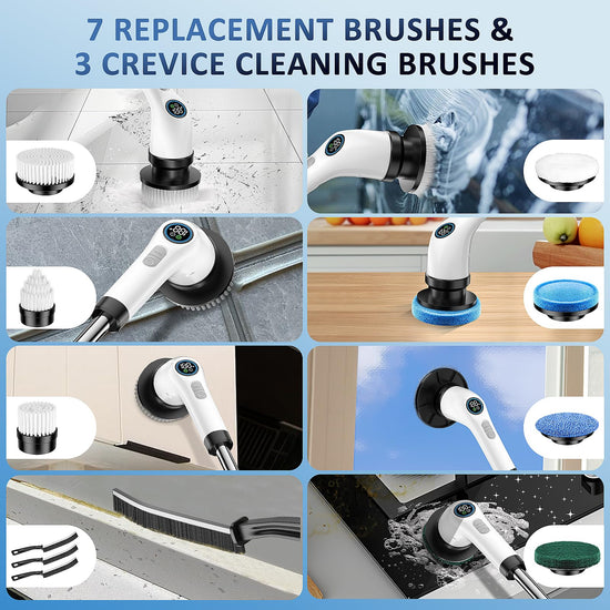 Cleaning brush — Waterproof cordless power scrubber with adjustable handle and 7 heads