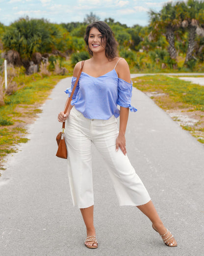 GRAPENT wide leg denim capri pants with raw hem and high waist