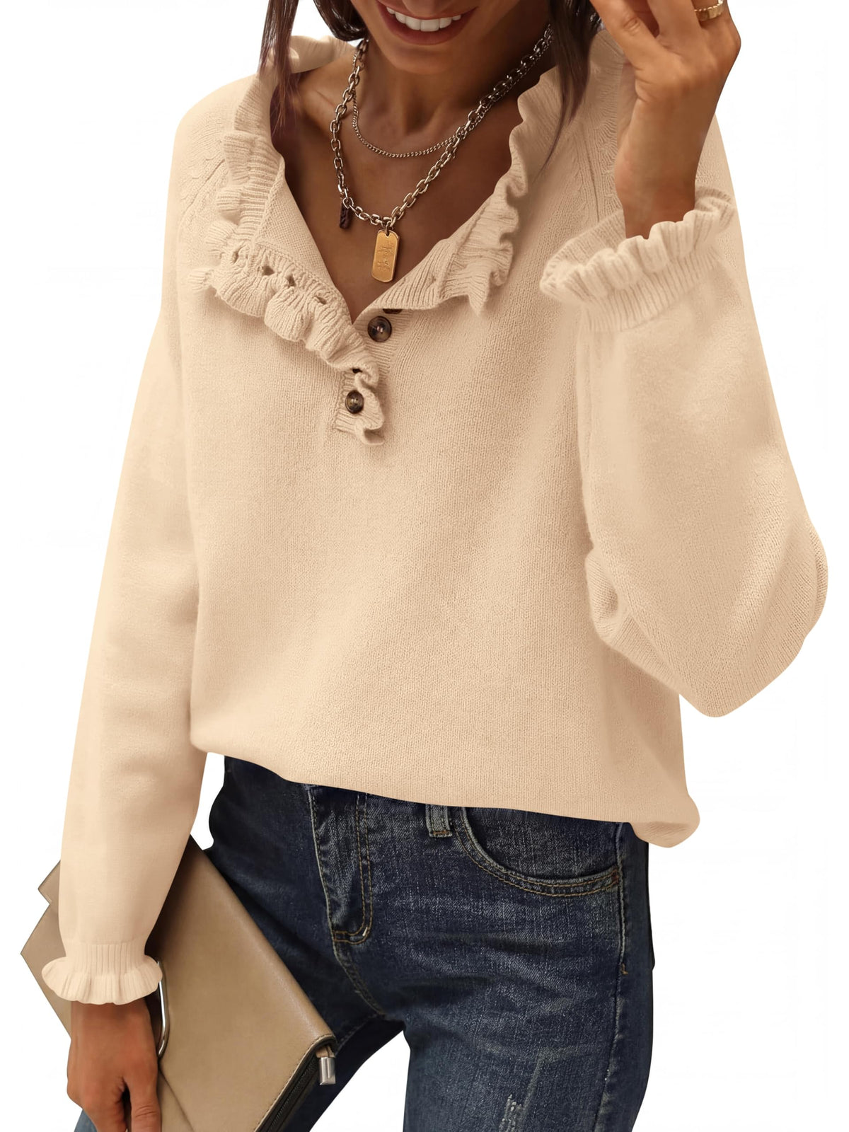 BTFBM womens sweater — long sleeve button down ruffle crew neck pullover top