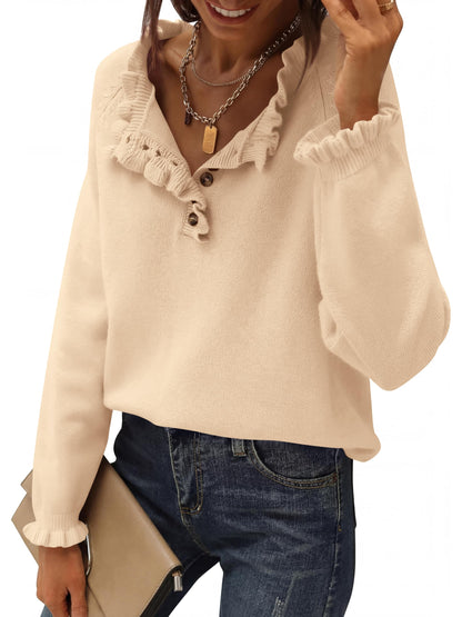 BTFBM womens sweater — long sleeve button down ruffle crew neck pullover top
