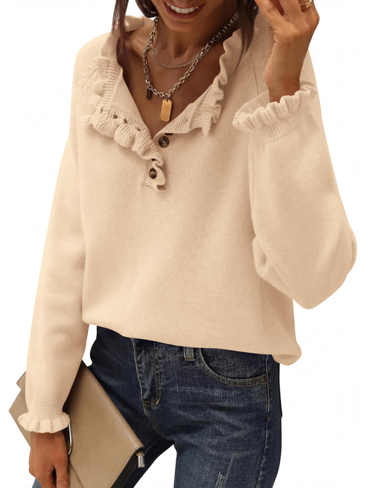 BTFBM womens sweater — long sleeve button down ruffle crew neck pullover top