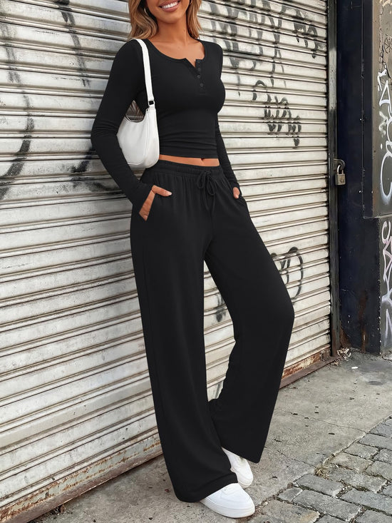 Coordinated outfit — Trendy Queen women's lounge set with henley neck top and wide leg pants