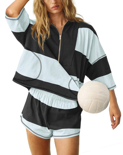 ReachMe womens workout short sets with pockets and stripes