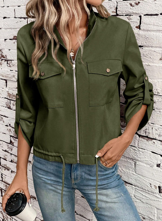 EVALESS women's zip up coat with flap pockets and drawstring hem