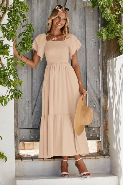 Dress — Square neck smocked high waist A line midi dress by Mascomoda