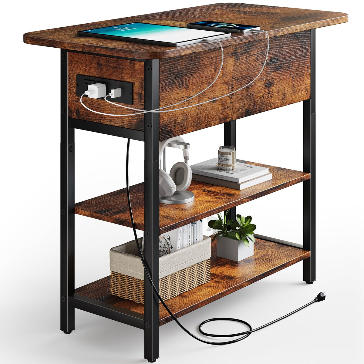 Yoobure end table with charging station - Flip top side table with USB ports and outlets