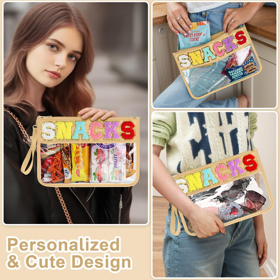 Snack bag - Clear chenille varsity letter pouch with zipper, waterproof nylon tote for women girls