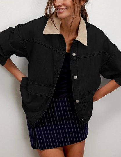 Coat — Oversized denim jacket with contrast trim and pockets