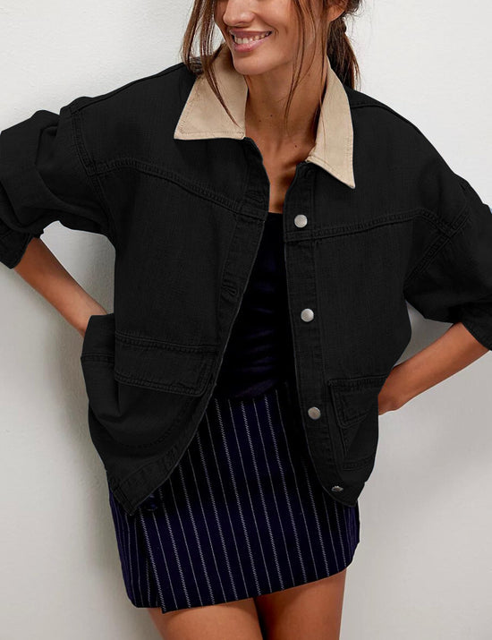 Coat — Oversized denim jacket with contrast trim and pockets