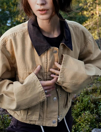 Megfie cropped coat — Contrast collar utility design with pockets and cargo styling