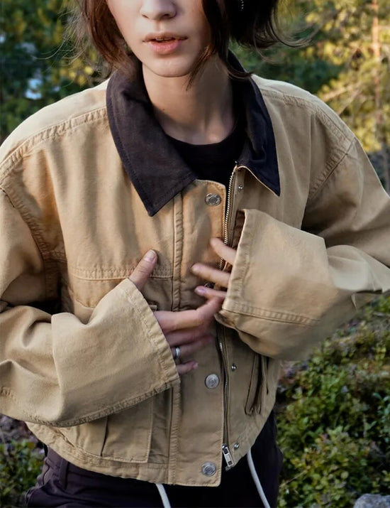 Megfie cropped coat — Contrast collar utility design with pockets and cargo styling