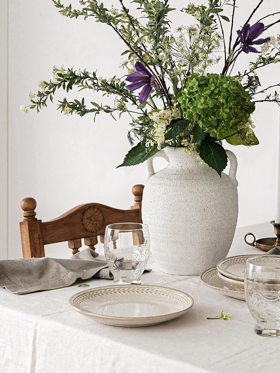 White Ceramic Vase with Handles, 9.5Inch, Farmhouse Rustic, Gritstone White