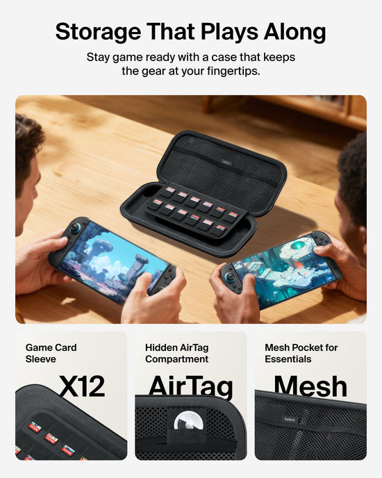 Gaming equipment enclosure — Belkin travel bag with AirTag holder and game card pocket