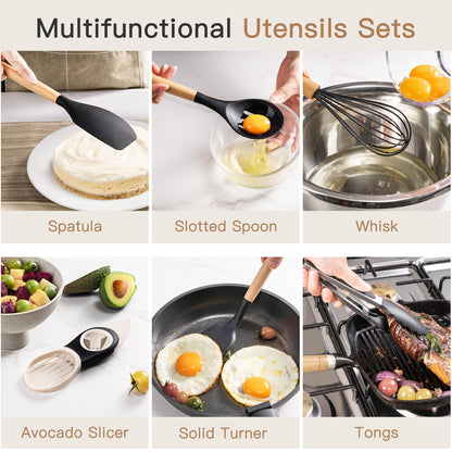 Food spatula — 39 piece silicone cooking utensils set with wooden handle by Astercook