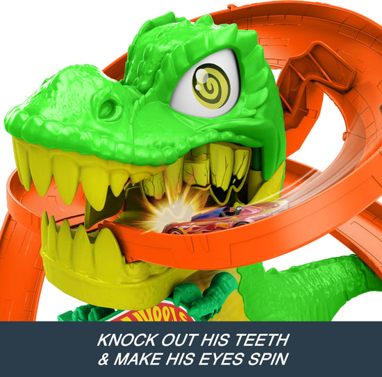 Hot Wheels toy vehicle set — City T-Rex blaze battle with spinning dinosaur eyes