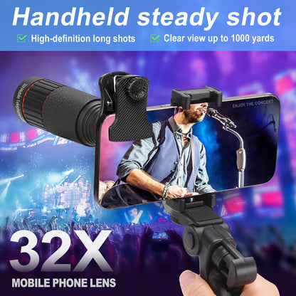 Camera lenses — 32X telephoto lens with adjustable tripod and universal clip