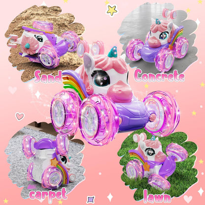 Kikikid Unicorn remote control car — 360° rotating 4WD stunt vehicle with lights and rechargeable battery.