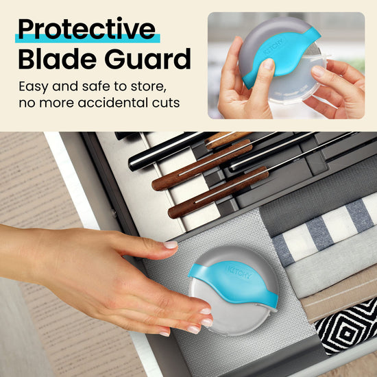 Kitchy pizza cutter wheel — Ergonomic design with protective blade cover.